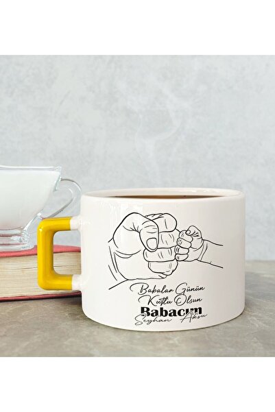 Bk Gift Kişiye Özel Babalar Günü Tasarımlı Sarı Kulplu Çay & Kahve Fincanı-8,...