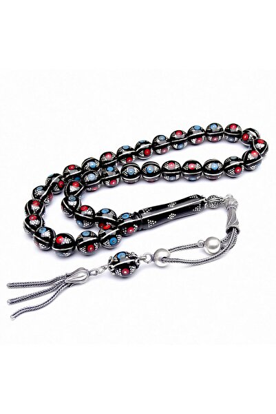 TAŞHAN Gümüş Firuze Mercan İşlemeli Oltu Taşı Tesbih