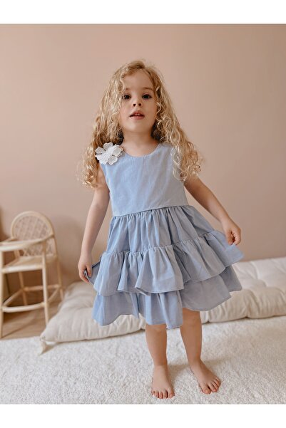 Magu Kız Çocuk Mavi Kat Kat Etekli Elbise