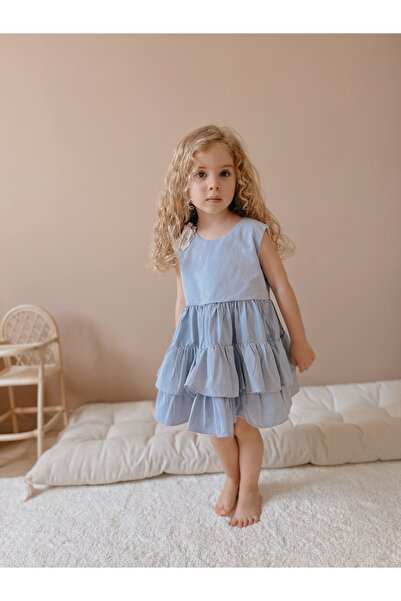 Magu Kız Çocuk Mavi Kat Kat Etekli Elbise