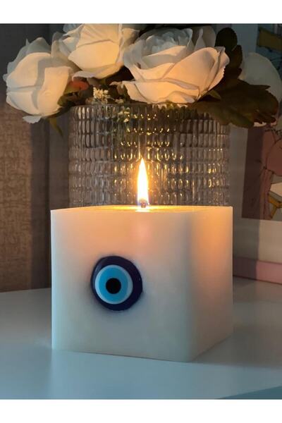 Luz&Brillante Nazar Boncuklu Mum Kokulu Hediyelik Blok Mum Büyük Beyaz Kare Mum