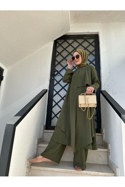 NS Moda Women's Asymmetrical Tunic Trousers Set Khaki Model-495