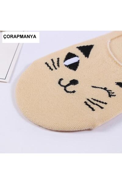 çorapmanya 5 Pairs of Cute Multicolored Cat Cartoon Patterned Women's Ballerina Socks