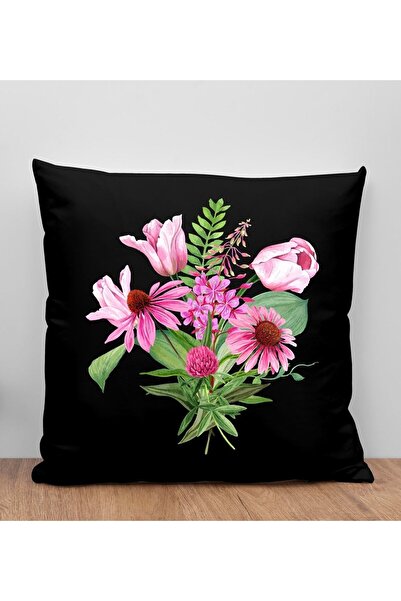 Bk Gift Çiçek Tasarımlı Siyah Kırlent Yastık, Arkadaşa Hediye, Ev Dekorasyonu...