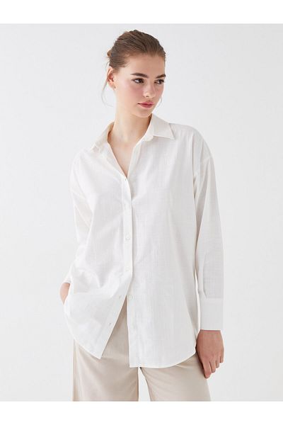 LC Waikiki Shirt Collar Plain Long Sleeve Oversize Linen Look Women's Tunic