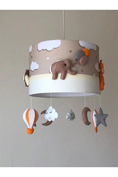 Leobabyroom Kahve Bulutlu Yıldızlı Krem Aslan Ayıcık Zürafa Fil Figürlü Kız/Erkek Bebek Odası Tasarım Avize