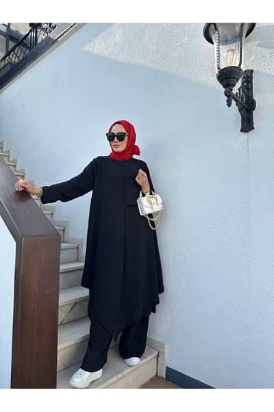 NS Moda Set Tunica Asimetrica Hijab si Pantaloni, Negru Model-495