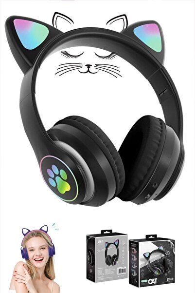 Favors Kedi Figürlü Kulaküstü Bluetooth Kulaklık Kedicikli Patili Işıklı Blue...