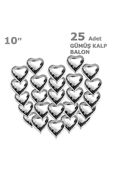 Patladı Gitti 25Pcs Silver Heart Foil Balloon 10 Inch