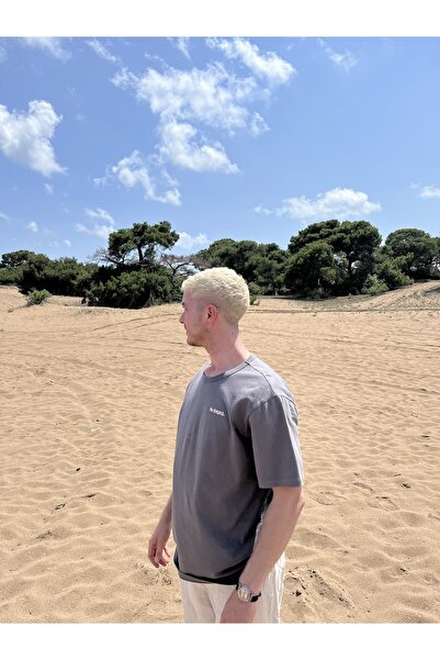 Bases Men's Anthracite Back Printed Crew Neck Oversize T-shirt