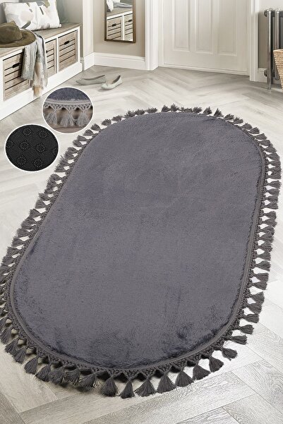 Teksev Relax Antrasit Oval Leke Tutmaz Yıkanabilir Kaymaz Ponpon Saçaklı Püsk...