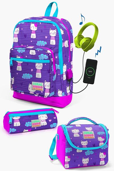 Coral High Set de geanți de școală pentru copii, violet, roz, cu model, 3 piese, cu USB0123264