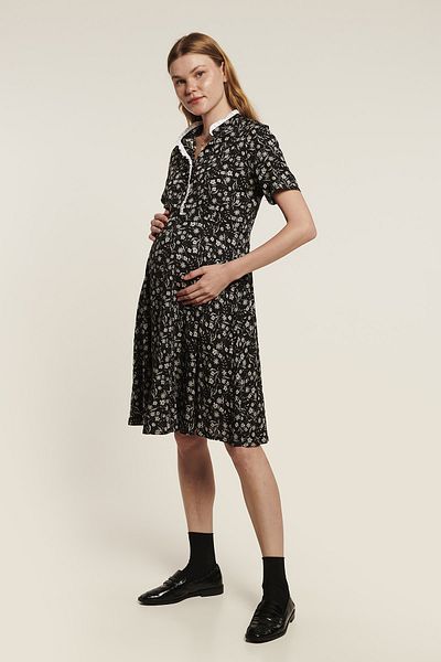 LYN MAMA CHARLOTTE Button-Necked and Ruffled A-Line Skirt Black Maternity Dress