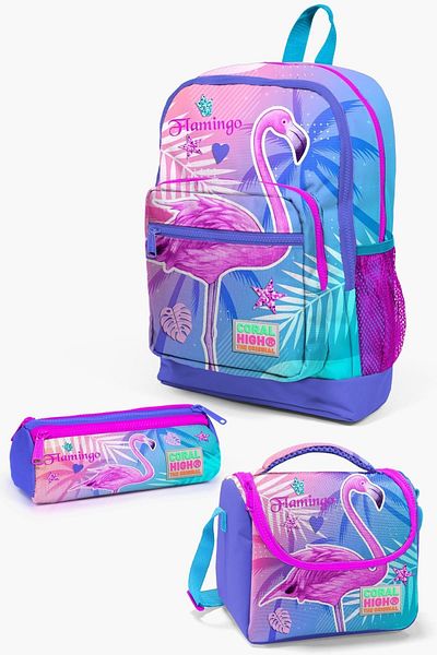 Coral High Set de 3 genți de școală cu model flamingo roz lavandă pentru copii SET0123705
