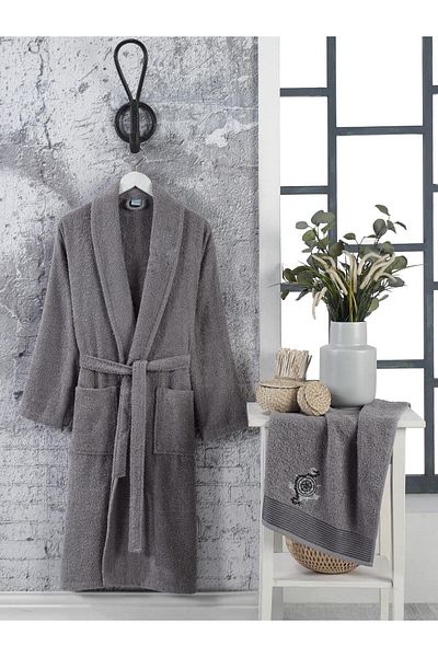 Semecca Set de prosoape și halate de baie brodate unisex antracit