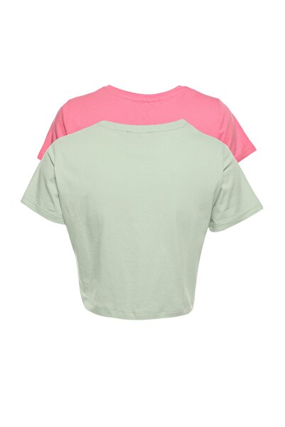 Trendyol Collection Rózsaszín menta, 100% pamut nyakú, 2 csomagos Crop kötött póló TWOSS20TS1480