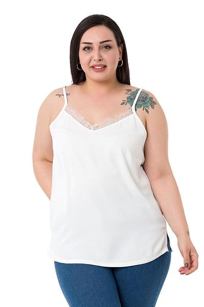 DISENTIS MODEST Plus Size White Blouse with Lace Collar and Adjustable Thin Straps