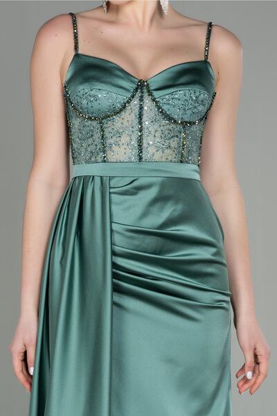 Abiyefon Turquoise Long Satin Evening Dress - Stone Detailed, Transparent Dress Abu2130