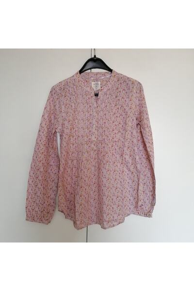 Butik Tülin Otantik pamuk lila çok renkli çiçekli plili boydan düğmeli bluz H...
