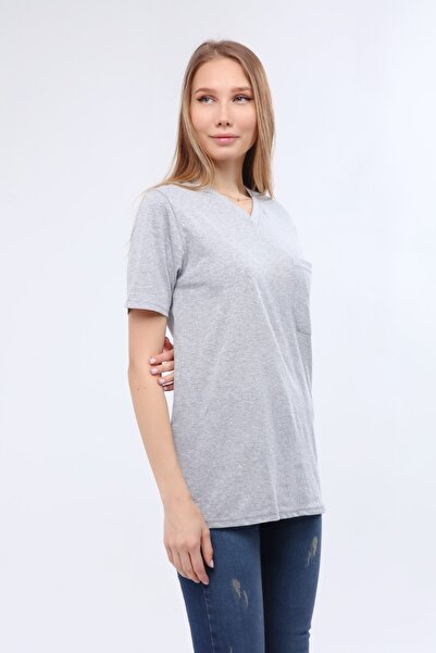 Çamdalı İş Elbiseleri Unisex V-Neck Gray Short Sleeve Single Jersey Business T-Shirt - V-Neck T-Shirt