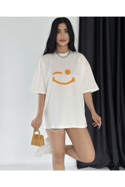 blausee wear Tricou pentru femei Smile cu imprimeu bumbac 100% supradimensionat cu design special de mărime mare