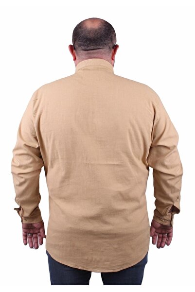 MocGrande Мъжка риза от ликра, лен, голям размер, с яка и джоб, 11308, цвят CAMEL