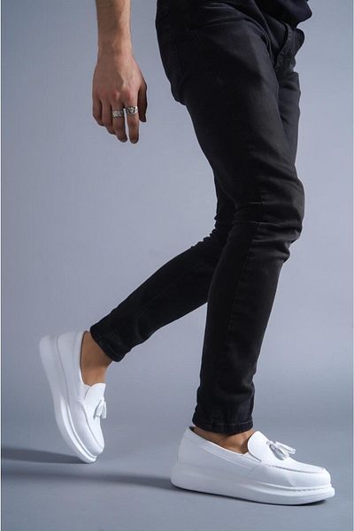 Joy Man J818 Ορθοπεδική σόλα χωρίς κορδόνια Ανδρικά κλασικά παπούτσια με φούντα Corcik BT White