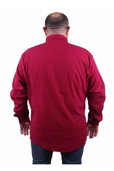 Starbattal Men's Large Size Lycra Linen High Collar Pocket Shirt 11308 Claret Red