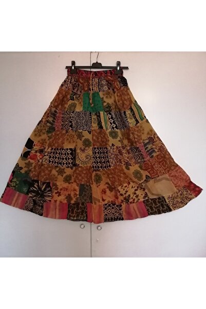 Butik Tülin Otantik viskoz taşlama çok renkli desenli peçvörk beli lastikli büzdürme ipli uzun etek Hint Malı