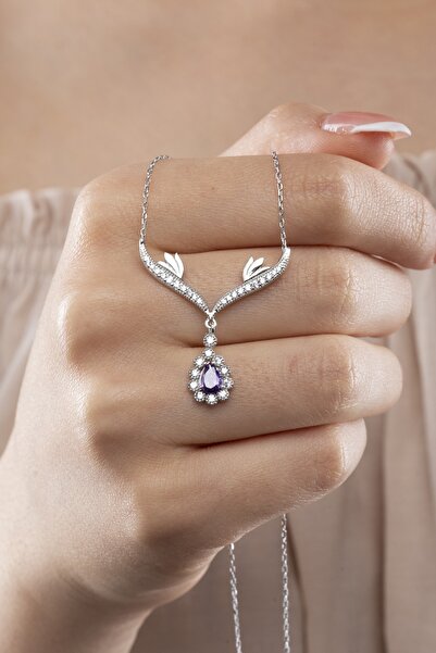 ESSARE 925 Ayar Gümüş Mor Damla Taşlı Kadın Gümüş Kolye