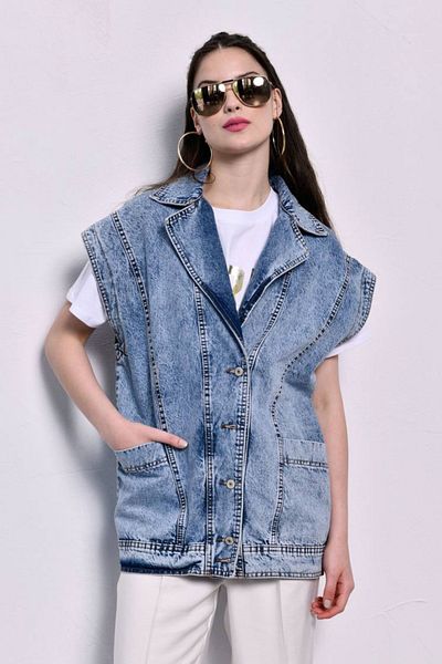 fehika Women's Comfortable Wide Fit Shirt Collar Seasonal Button-Front Blue Snow Washed Denim Vest