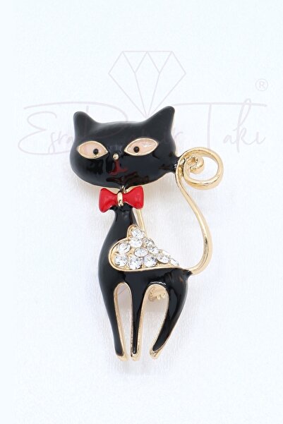 Esra Pamir Taşlı Kırmızı Papyonlu Zarif Siyah Kedi Broş