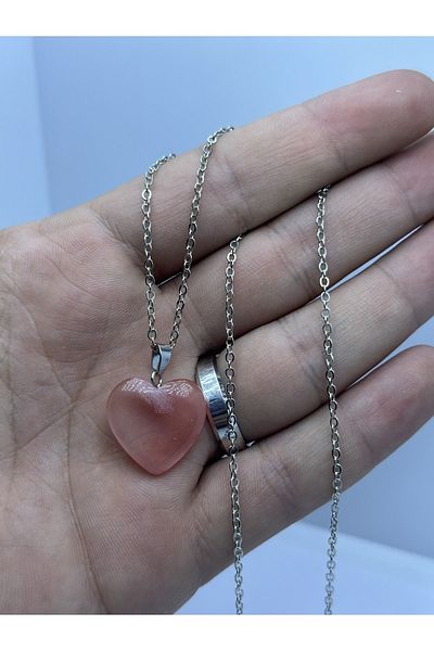 grs oyuncak Natural Heart Model Rose Quartz Stone Necklace