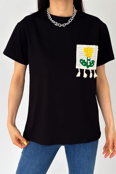 FEMELLE Tricou negru din bumbac cu ciucuri și mărgele de buzunar, negru