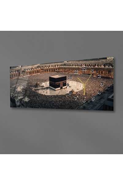 marpanya Beytullah Ve Tavaf Yatay Yandan Saatli Dini Temalı Cam Tablo 065