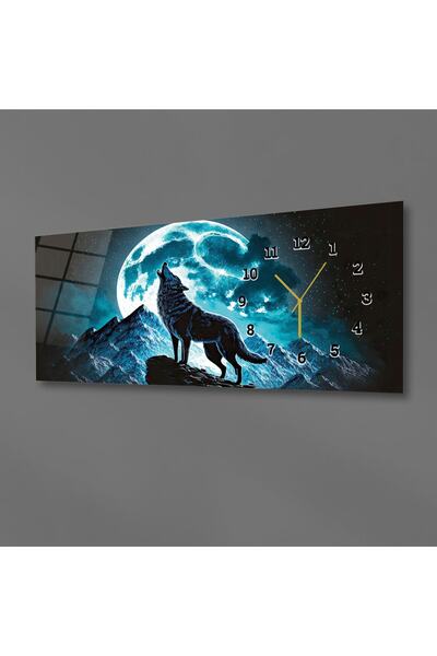 marpanya Uluyan Bozkurt ve Dolunay Yatay Saatli Yandan Vatan Temalı Cam Tablo...