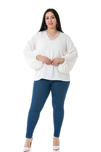 DISENTIS MODEST Plus Size White Blouse with Lace Collar and Wide Elastic Sleeves