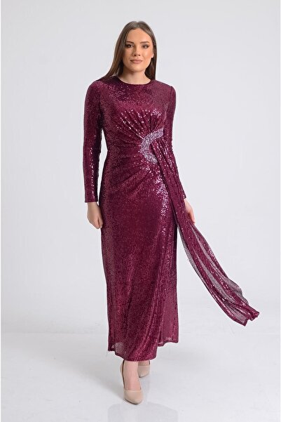 SpringStore Mürdüm Taş Detaylı Pul Payet Abiye Elbise