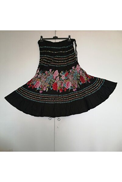 Leila تنورة قطنية أصلية سوداء متعددة الألوان منقوشة بالترتر مطرزة يدويًا بسحا...