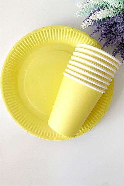 Parti Station Macaron Yellow Color Pastel Yellow Color Paper Plate Cup Set 32 Pieces Pink Yellow Green Blue Salmon Color
