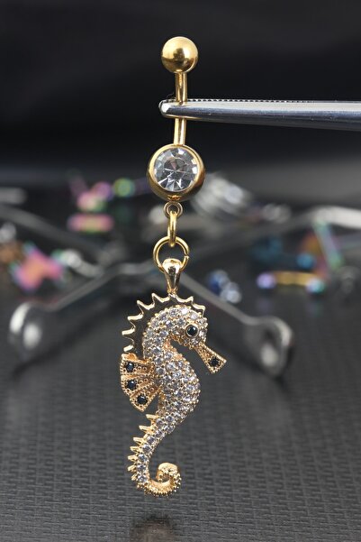 depozoom Cerrahi Çelik Zirkon Taşlı Deniz Atı Göbek Piercing Gold