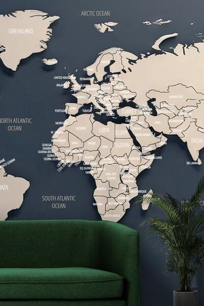 Dekoros 3D Lacivert Dünya Haritası Duvar Kağıdı, Ülkeler ve Okyanuslar Tek Pa...