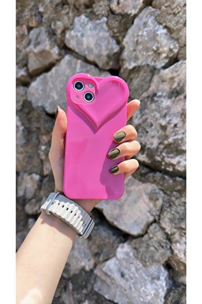iPhone 13 Pembe Renk Kalp Desenli Lüx Kılıf
