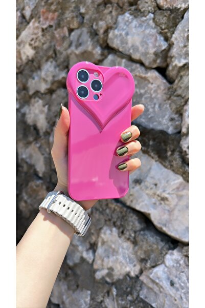 Iphone 14 Pro Max Pembe Renk Kalp Desenli Lüx Kılıf