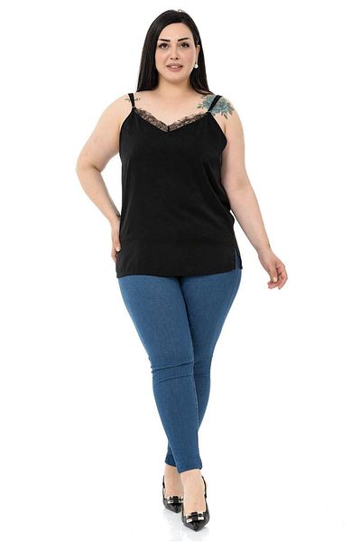 DISENTIS MODEST Plus Size Lace Collar Adjustable Thin Strap Black Blouse