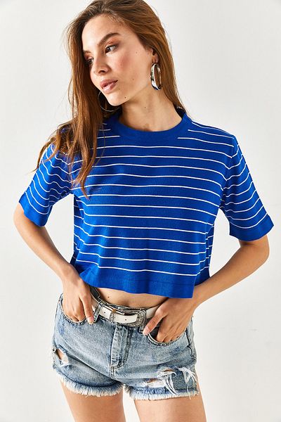 Olalook Γυναικεία Saks Blue Crew Neck ριγέ πλεκτά μπλούζα Crop BLZ-19002353