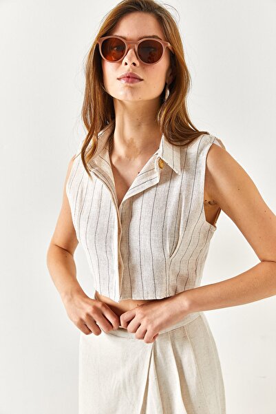 Olalook Cămașă din in, cu dungi, căptușită cu cafea, pentru femei GML-19001133