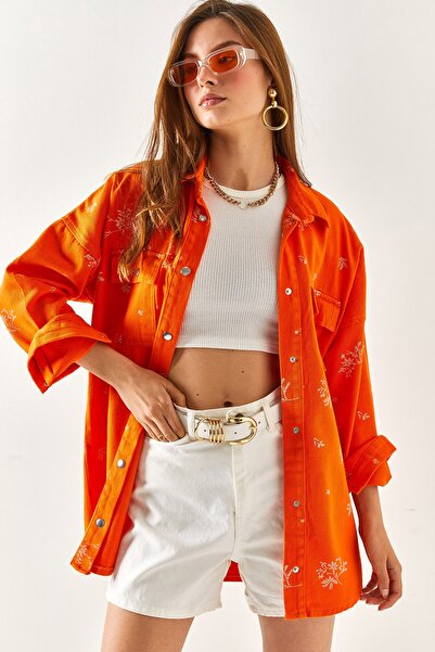 Olalook Orange bestickte Oversize-Hemdjacke aus Baumwolle mit Taschen für Dam...