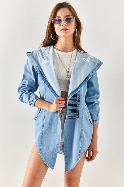 Olalook Women's Blue Cape Collar Pocket Belted Denim Jacket CKT-19000348