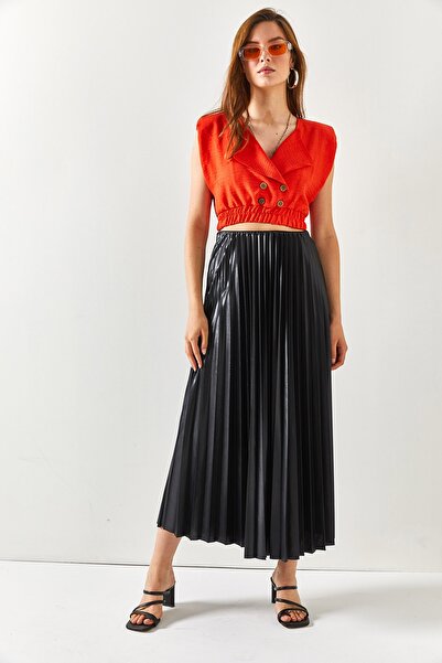 Olalook Γυναικεία μίντι φούστα καμπάνα μαύρη πλισέ ETK-19000247